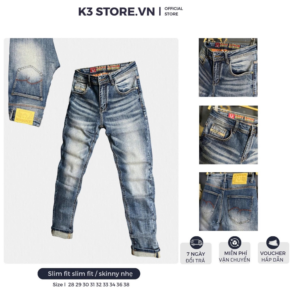 [K3 STORE VN] Quần Jean Nam Dài J4125-DSKN1537 Màu Xanh Bạc Was Thêu Túi Chất Denim Có Co Gĩan