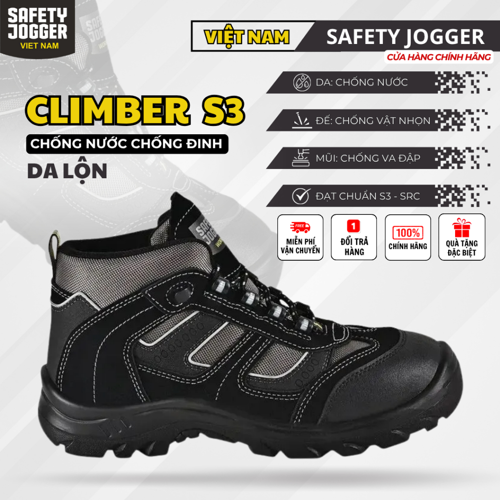 [SAFETY JOGGER] Giày Bảo Hộ Safety Jogger Climber Chống Nước, Đế Thép Chống Đâm Xuyên Trơn Trượt Dầu
