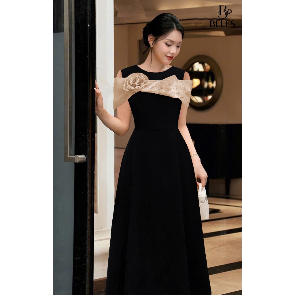 Đầm Tiệc Beles Phối Hoa Vai Đính Hoa Thủ Công Sang Trọng Thanh Lịch Trẻ Trung V21-2603