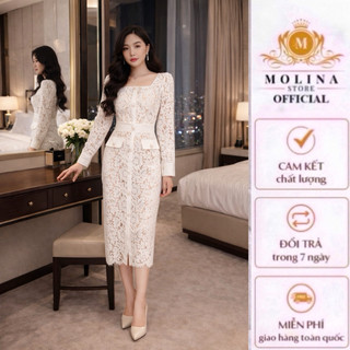 Đầm Ren Body Nút Mạ Vàng Cổ Vuông Thiết Kế Molina Túi Giả Trẻ Trung Thanh Lịch Phù Hợp Đi Tiệc Dạo Phố