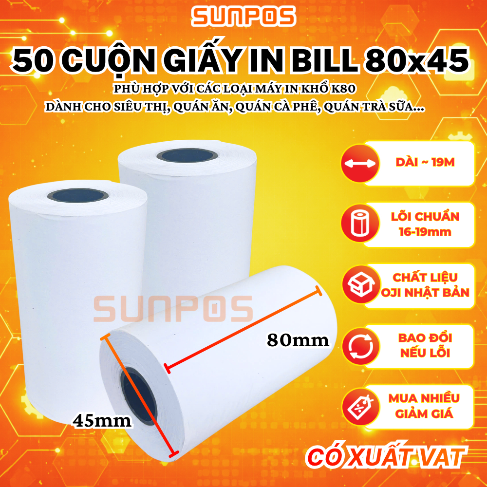 [50 CUỘN] Giấy in bill nhiệt K80 80X45 (GIẤY IN NHIỆT CHO MÁY IN BILL, MÁY POS)