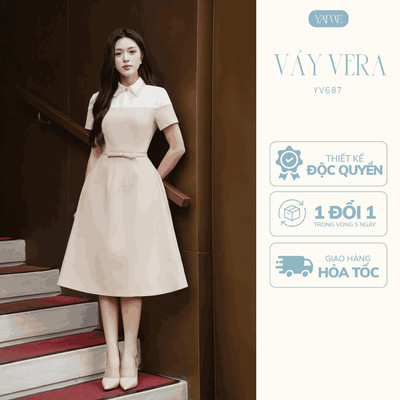 Váy Thiết Kế Nữ YAME Cổ Sơ Mi Chiết Eo Nơ Dáng Bồng Dài Trắng Phối Nâu Sữa Thanh Lịch - Vera YV687