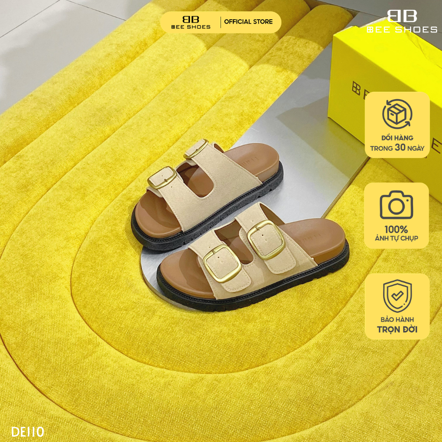 Dép nữ 2 quai ngang BEESHOES da lộn, mũi tròn đế bằng cao 3 phân sẵn màu kem - đen DE110