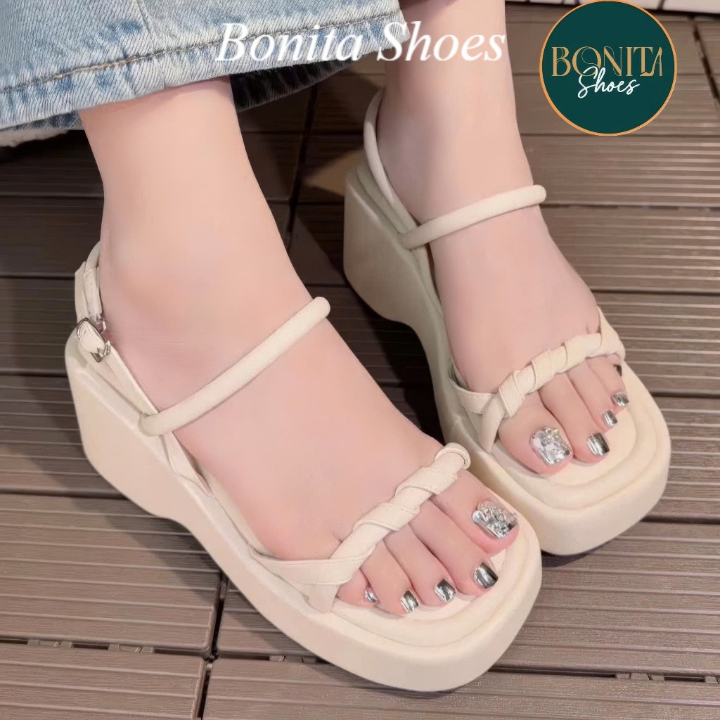 NS2 Sandal xuồng si sáp quai xoắn cao 7 cm - Bonita Shoes BM08