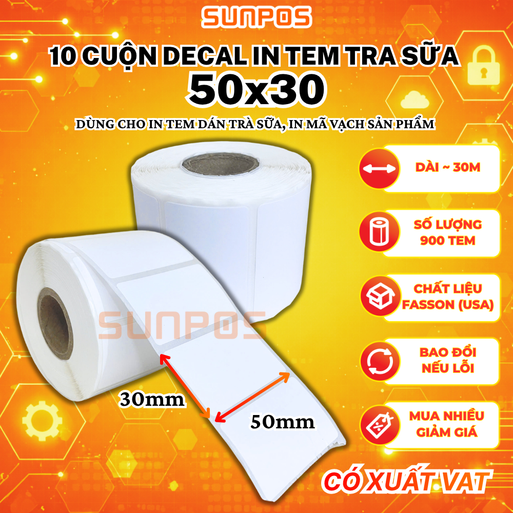 [10 CUỘN] TEM TRÀ SỮA , TEM IN MÃ VẠCH KHỔ 50x30, 40x30, TEM DÁN LY 50x30