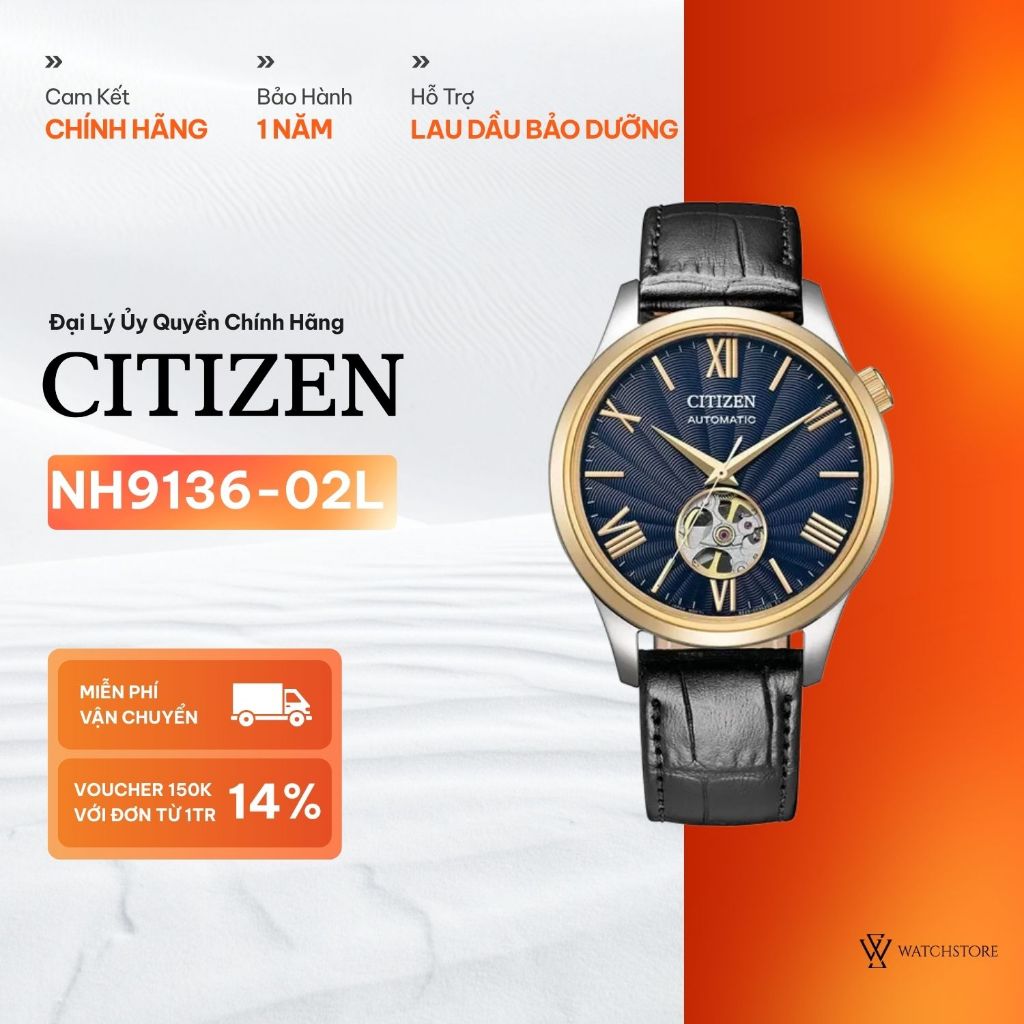 Đồng Hồ Nam Citizen Automatic Mechanical Open Heart NH9136-02L Mặt Kính Saphire Size Mặt 40mm Chính 