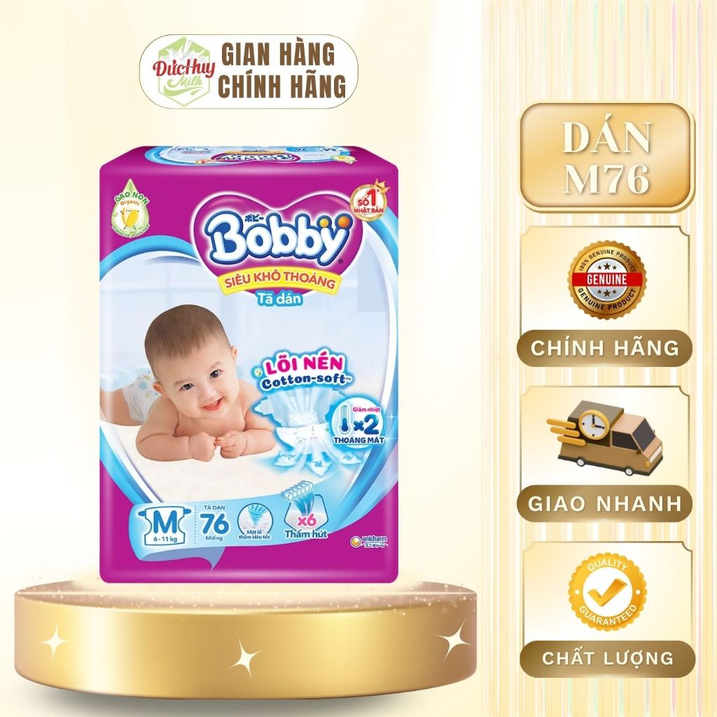 Tã Bỉm Dán Bobby Siêu Thấm M76/L68/XL62/XXL56