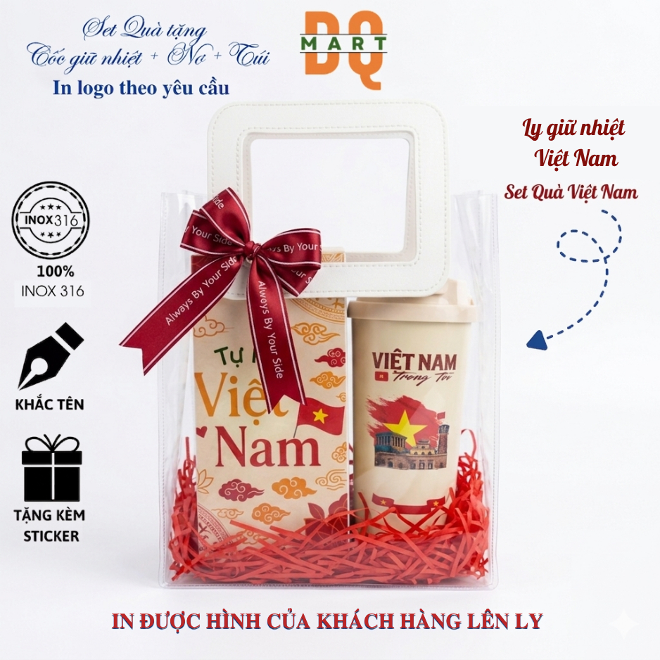 Giftset DQMart Bình giữ nhiệt Việt Nam Premium in hình, khắc tên theo yêu cầu, quà tặng văn phòng, t