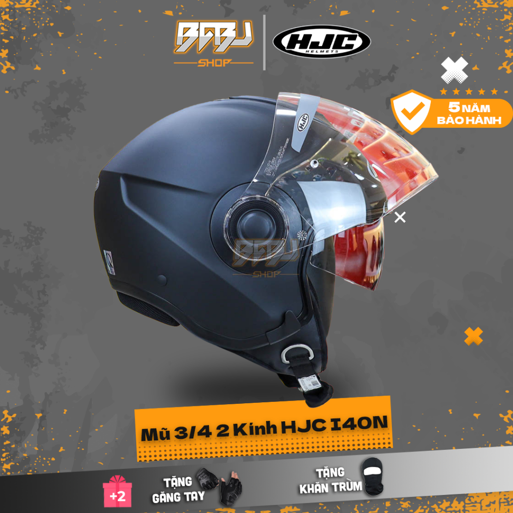 Mũ bảo hiểm 3/4 HJC I40N 2 kính đen nhám, đi phố nhỏ gọn – Tầm nhìn rộng, ECE 22.06