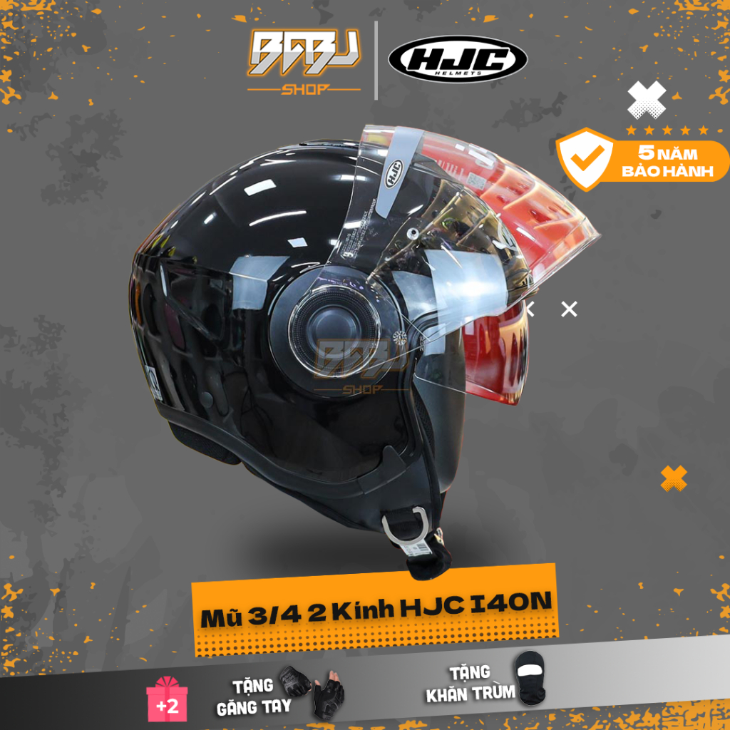 Mũ bảo hiểm 3/4 HJC I40N 2 kính đen bóng, đi phố nhỏ gọn – Tầm nhìn rộng, ECE 22.06