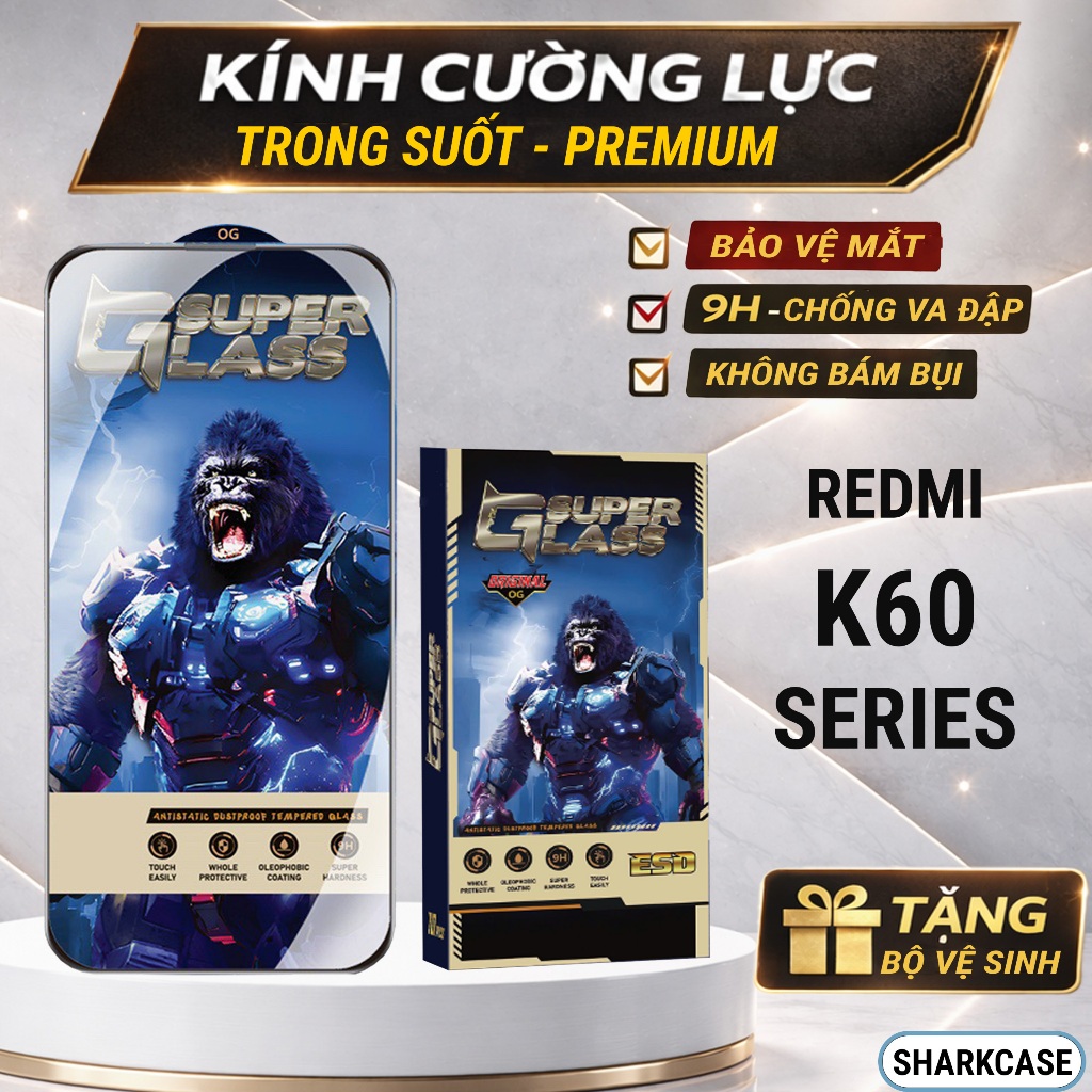 Cường lực Redmi K60, K60 Ultra, K60 Pro 5G trong suốt PREMIUM full màn Miếng dán màn hình sharkcase