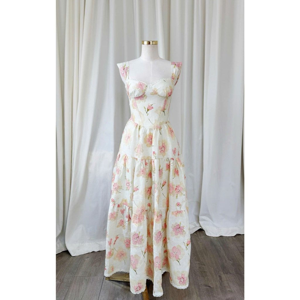 𝗖𝗹𝗼𝘁𝗵𝗲𝘀 𝗕𝗮𝗿 - Lily Dress (Sunset Bloom) | Đầm midi linen hoa hồng dáng corset xếp tầng phối ren