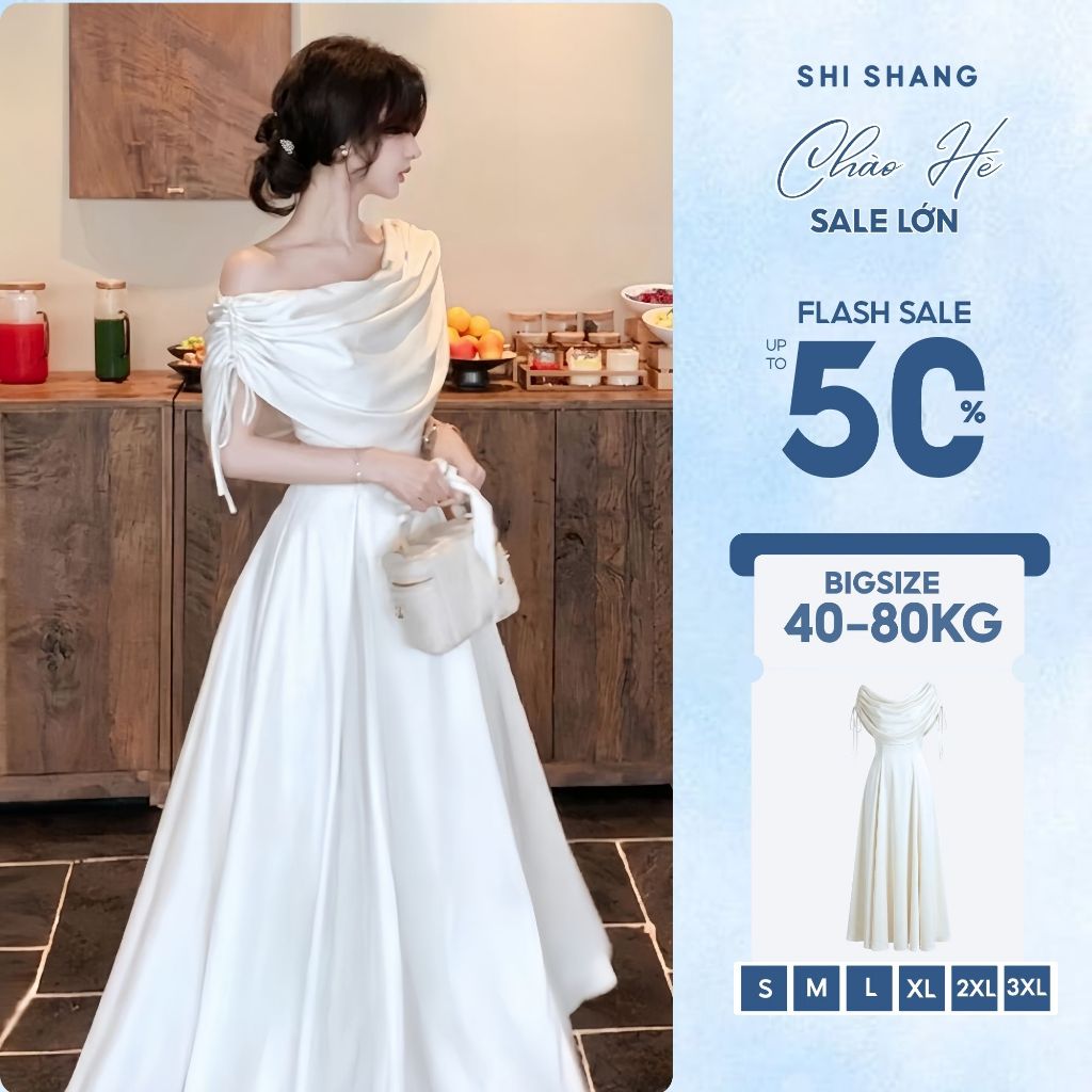 [𝐇𝐚̀𝐧𝐠 𝐐𝐂] Đầm Lụa Dáng Dài Lệch Vai Phong Cách Tiểu Thư, Đầm Dự Tiệc Cao Cấp Dáng Xòe có Bigsize By Shi Shang