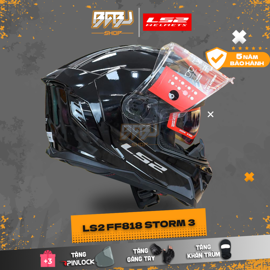 Mũ Fullface LS2 FF818 Storm 3 Đen Bóng 2 Kính Chính Hãng 2026 Form Asian Fit