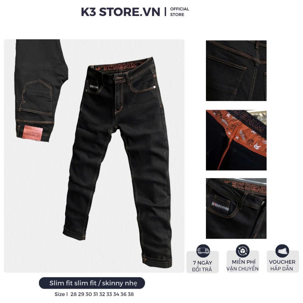 [K3 STORE VN] Quần Jean Nam Dài J4037-3K1949 Màu Đen Chỉ Nâu Cam Nổi Mẫu Mới Chi Tiết Như Hình