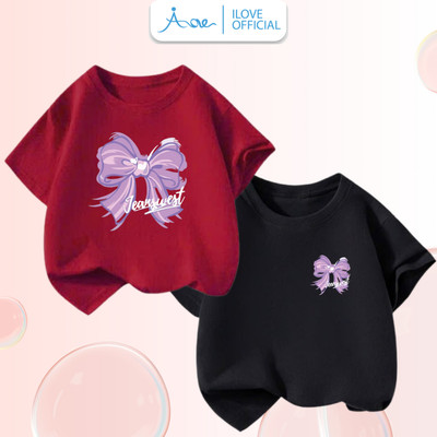 [MỚ] Áo thun cộc tay cho bé gái AORE, Áo phông in hình NƠ TÍM SIM DỄ THƯƠNG, chất COTTON mềm mịn, thoáng mát 9-36kg