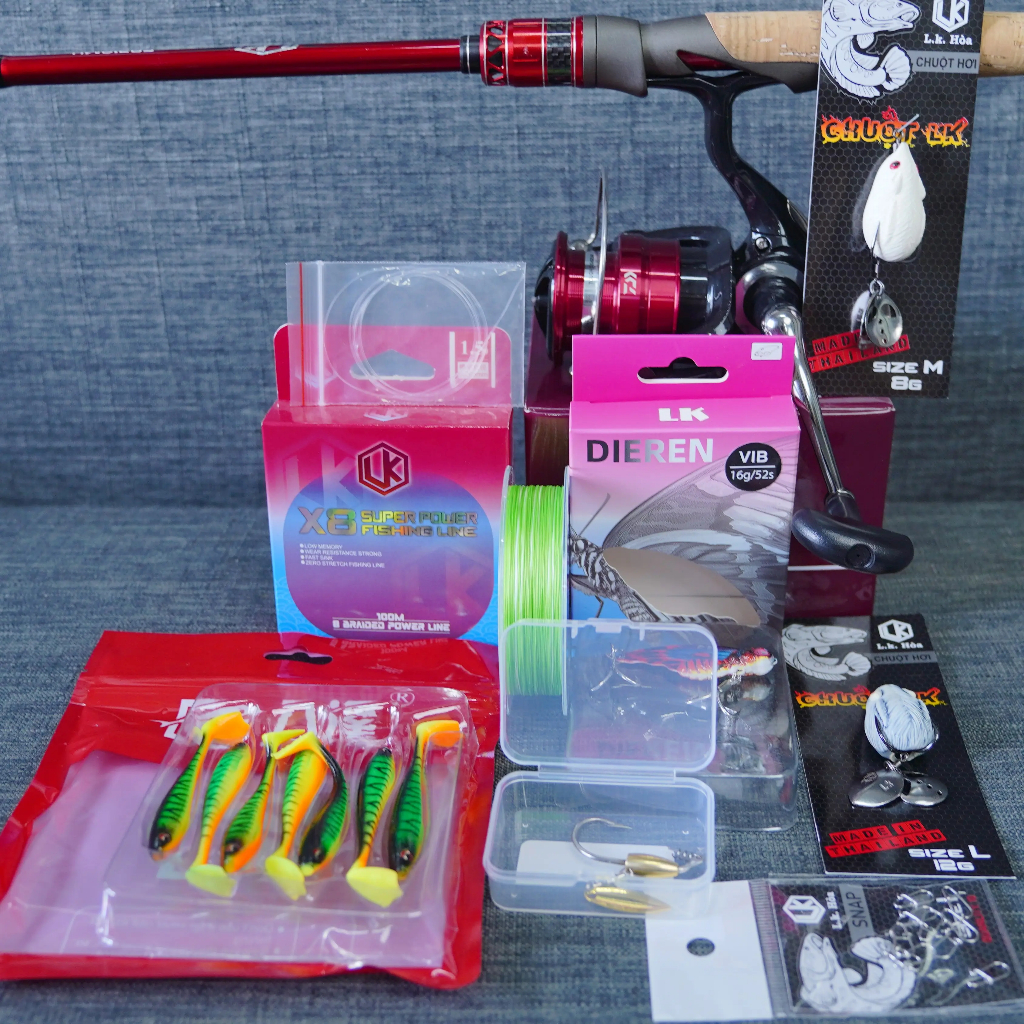 [LK HOÀ] (TẶNG MŨ LK) COMBO CÂU LURE ĐẦY ĐỦ CẦN LURE LK CÁN GỖ VÀ MÁY DAIWA MG, COMBO LURE ĐẦY ĐỦ CH