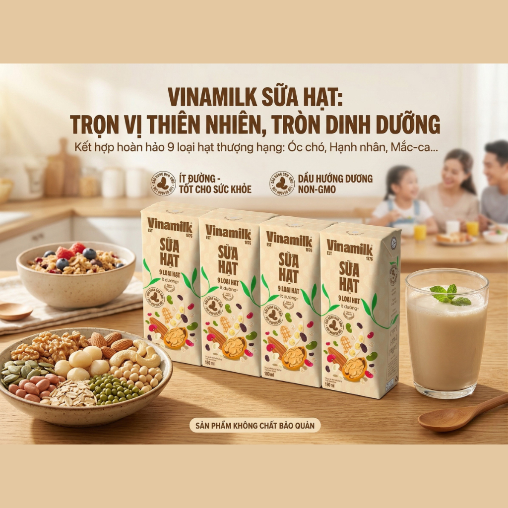 Vinamilk Sữa 9 Loại Hạt Ít Đường 180ml Thơm Ngon Từ 9 Loại Hạt Tự Nhiên Phù Hợp Cho Người Hạn Chế Đư