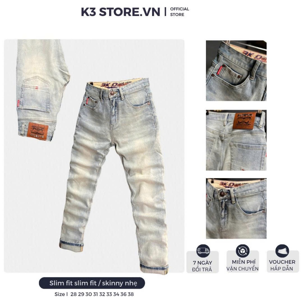 [K3 STORE VN] Quần Jean Nam Dài Màu Xanh Bạc Phủ Dơ Lưng Chữ Nổi Chi Tiết Như Hình J3973-3K2257