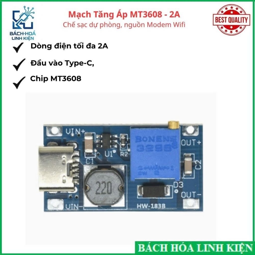 Mạch Tăng Áp DC-DC MT3608 2A có Cổng Type-C, Module Nâng Áp 3V-5V Lên 5V-28V có thể điều chỉnh.