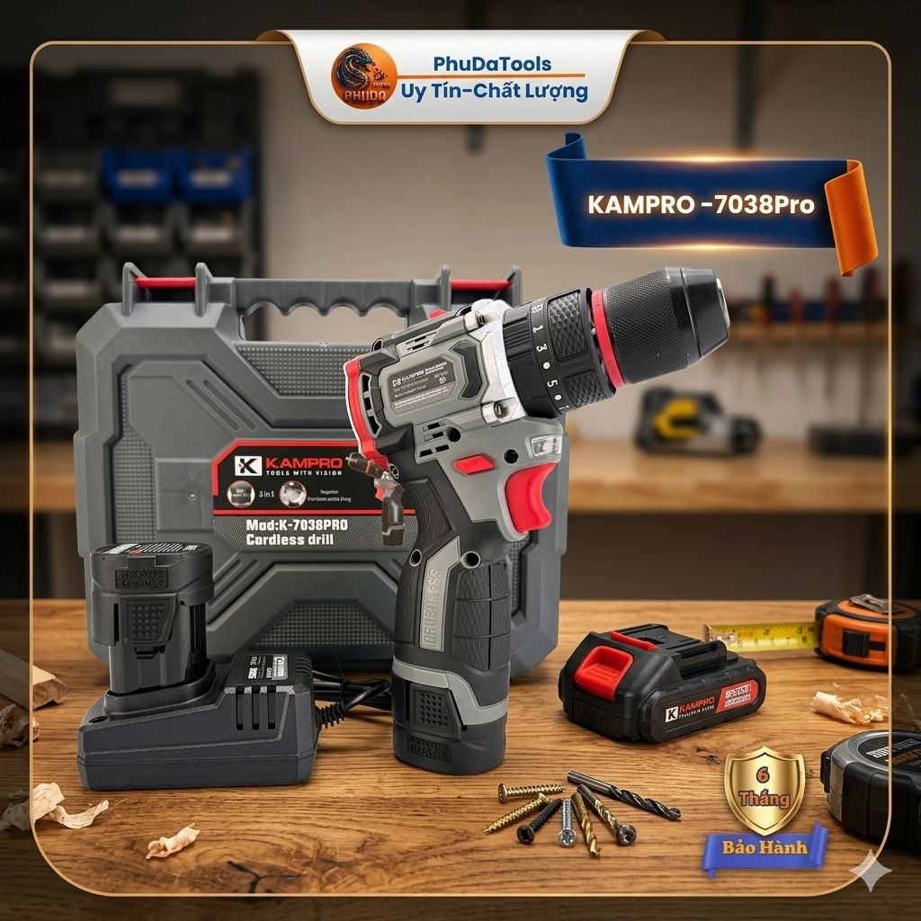 Máy Khoan Pin Kampro K-7038, 3 Chức Năng, Đầu Kẹp 10ly Autolock, Động Cơ Không Chổi Than