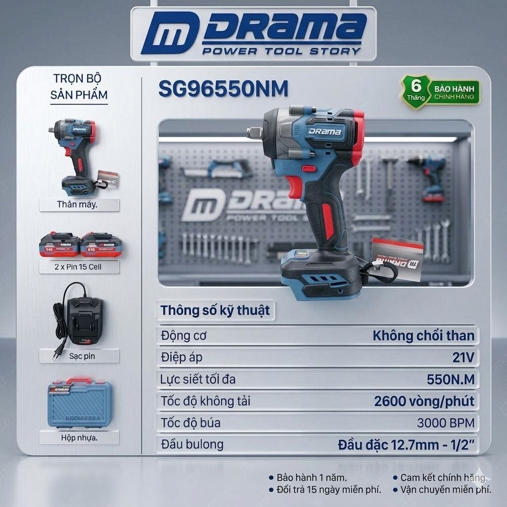 Máy Siết Bulong Drama SG96550NM Pin 21V Không Chổi Than – Lực Siết 550Nm, 2 Pin 10 Cell, Đầu Bulong 