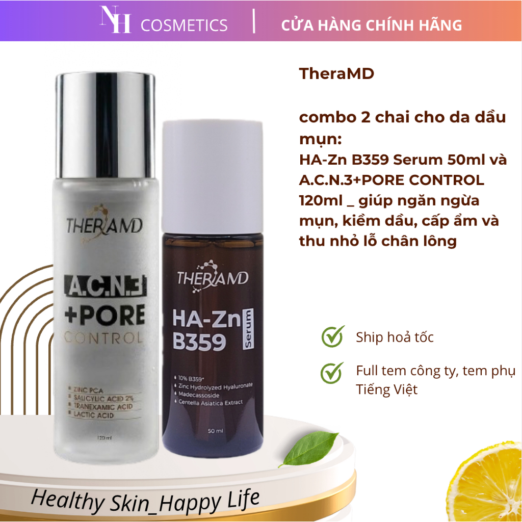 [Combo chính hãng] THERAMD A.C.N.3+PORE CONTROL &  HA-Zn B359 Serum- Kiềm Dầu, Ngăn Ngừa Mụn, Cấp Ẩm