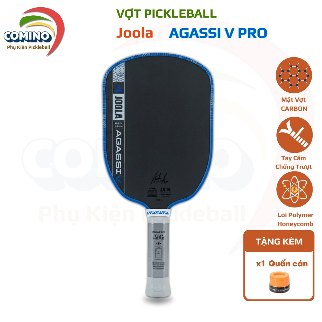 Vợt pickleball Joola Gen 5 Agassi Pro V Andre Agassi Royal Blue, mặt nhám carbon cao cấp, bản 16mm