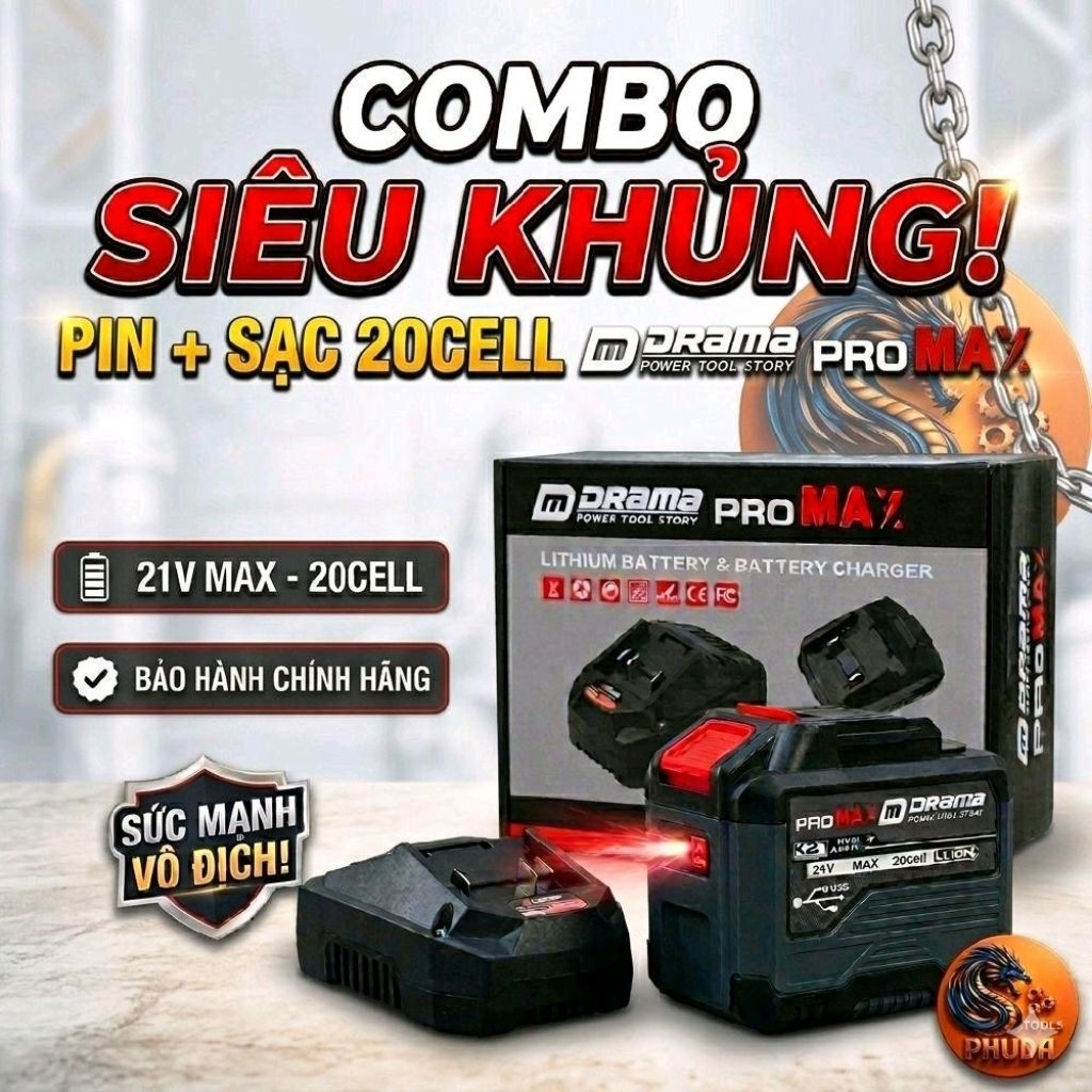 BỘ Pin 15Cell,20Cell 21V Drama Promax Kèm Sạc Chân Pin Phổ Thông