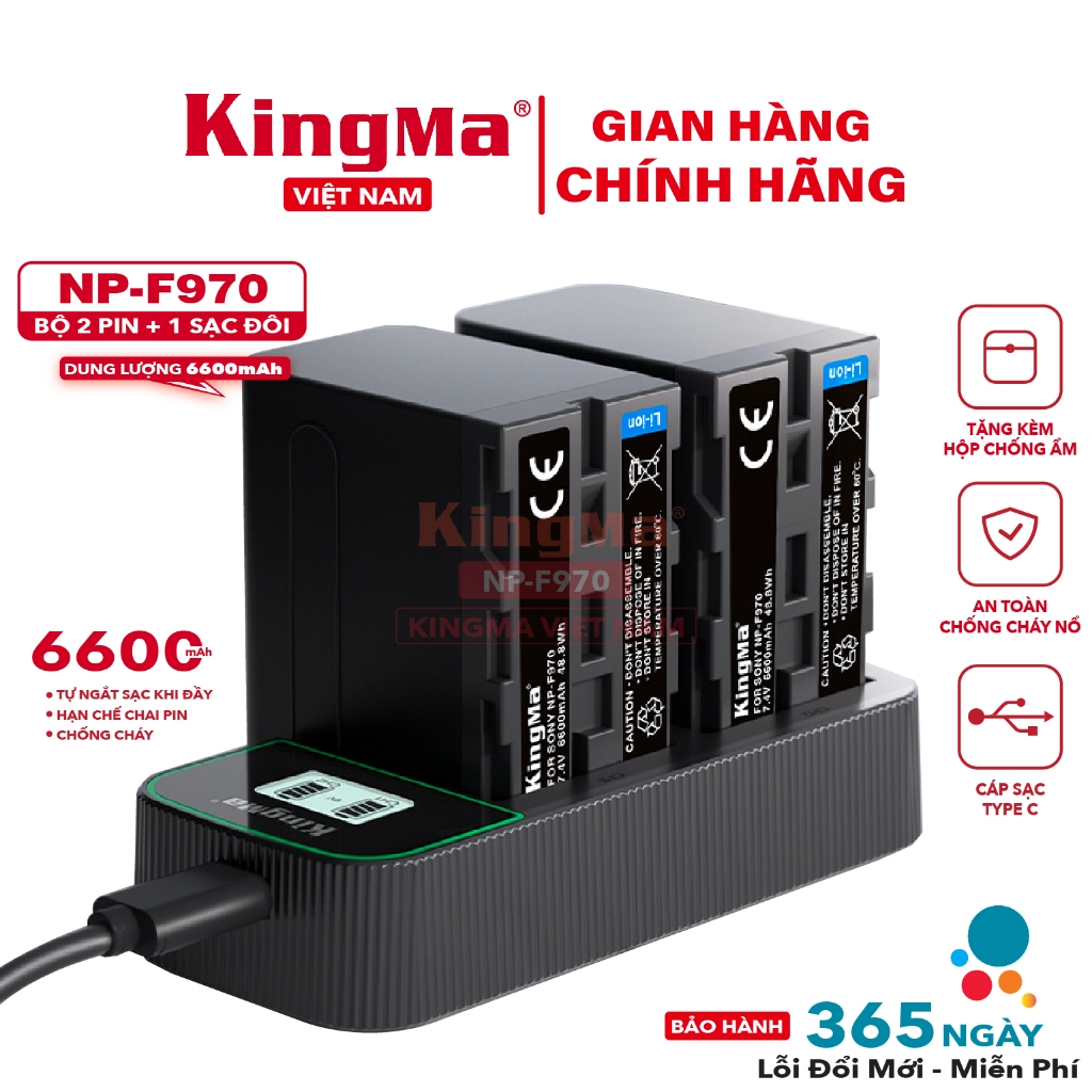 Bộ 2 Pin + Sạc Đôi KingMa NP-F970 6600mAh. Sạc Nhanh – Pin Sony NP-F970 Dung Lượng Cao Cho Đèn LED, 