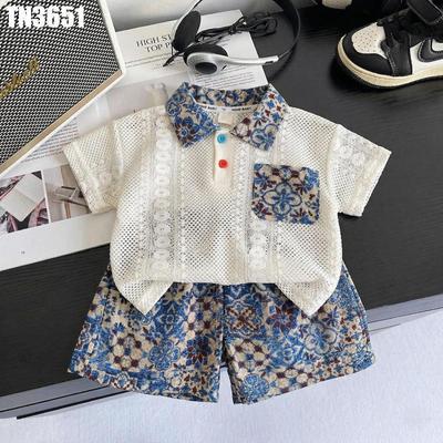 Set Bộ Bé Trai Phong Cách Vintage Áo Polo Dệt Lỗ Phối Quần Họa Tiết Gốm Sứ MINTSCLOSET - TN3651