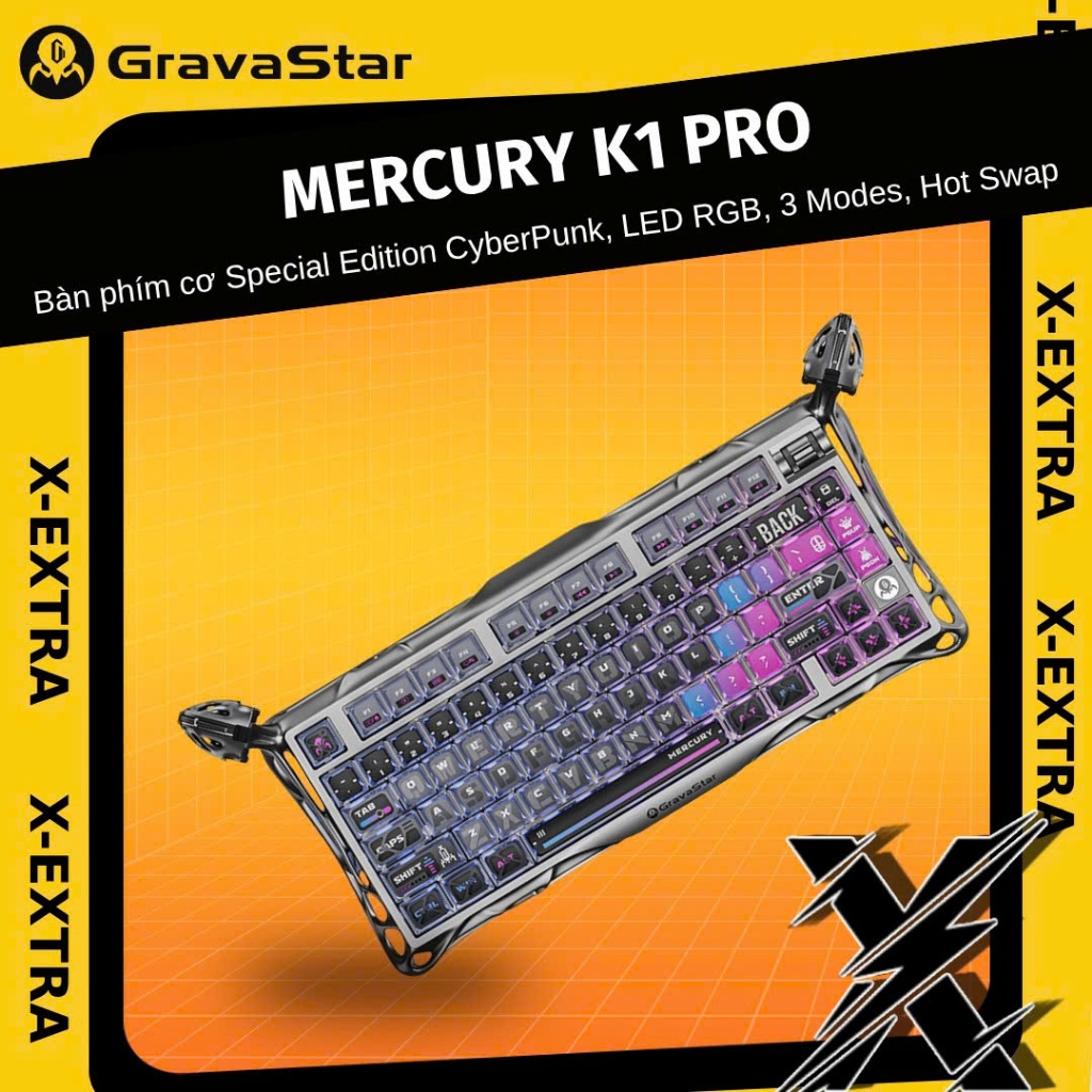 Bàn Phím Cơ Gaming Gravastar Mercury K1 Pro Special Edition CyberPunk, LED RGB, 3 Modes, Hot Swap