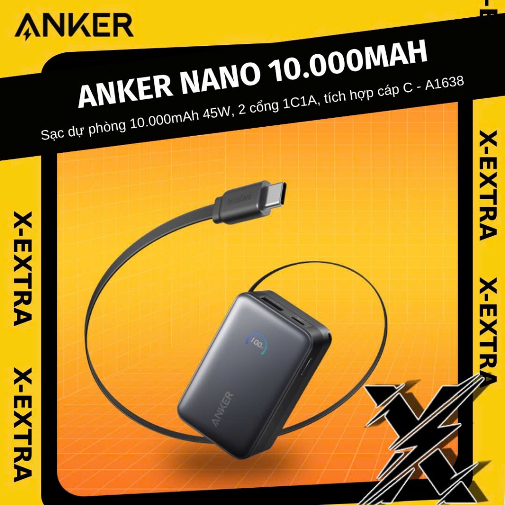 Sạc Dự Phòng Anker Nano 10.000mAh | Sạc nhanh 45W | 2 cổng 1C1A | Tích hợp cáp USB-C rút gọn - A1638