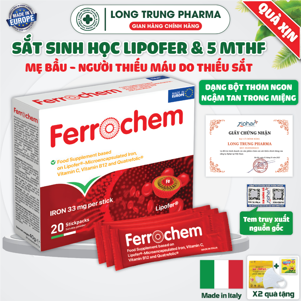 FERROCHEM Sắt Lipofer + 5MTHF (Acid Folic) Cho phụ nữ mang thai, Người Thiếu Máu (20 gói bột pha/ uố