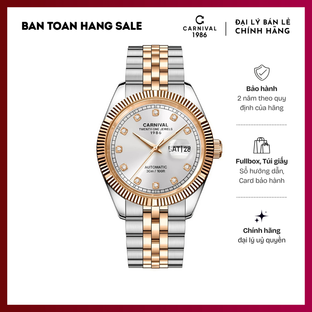 Đồng hồ Nam Carnival Automatic, 8131G-CH-T, mặt trắng 41mm, viền Rose Gold, dây thép Trắng Rose Gold