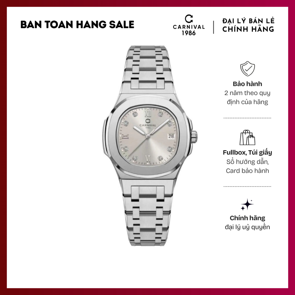 Đồng hồ Nữ CARNIVAL, size 34mm, mặt trắng xám, máy Pin, dây thép không gỉ kháng nước 3ATM chính hãng