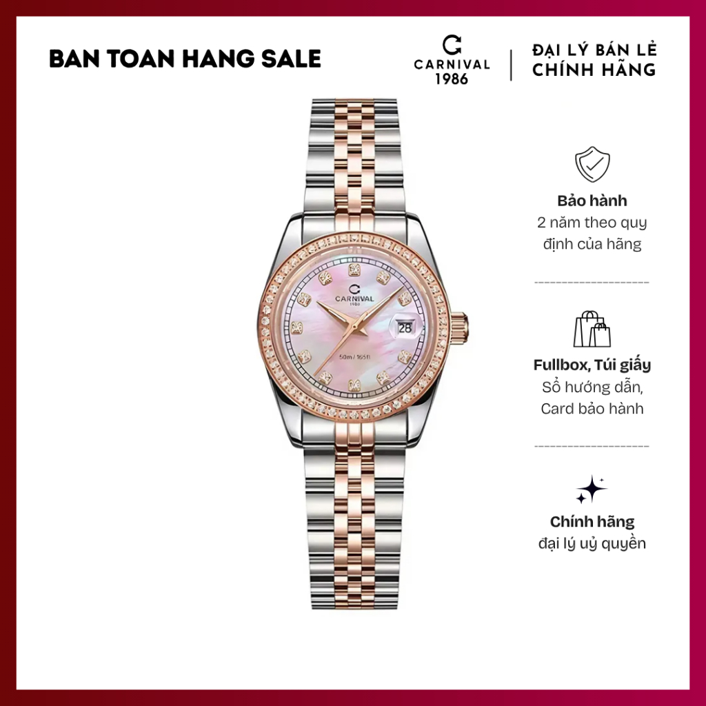 Đồng hổ Nữ Carnival, mặt Hồng Xà Cừ size 32mm, viền đá, dây thép Trắng Rose Gold không gỉ 8131L2-CH-