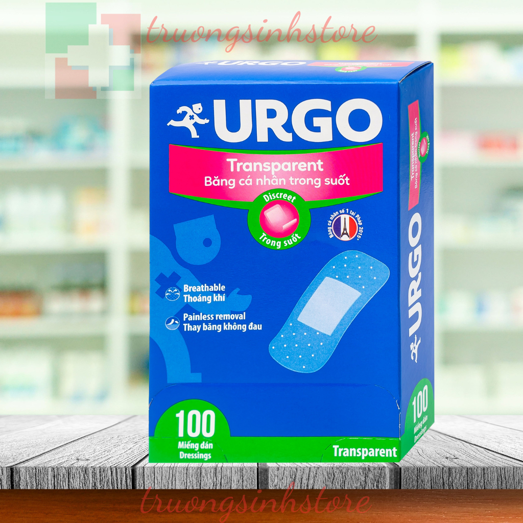 Băng cá nhân trong suốt Urgo Transparent thoáng khí, thay băng không đau (hộp 100 miếng)