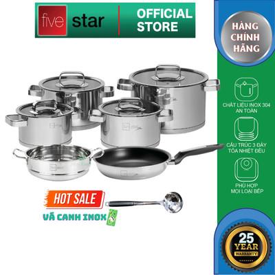 Bộ nồi chảo inox 304 cao cấp Fivestar Plus 5 món nắp kính , 3 đáy dùng được mọi bếp , tặng 1 vá canh