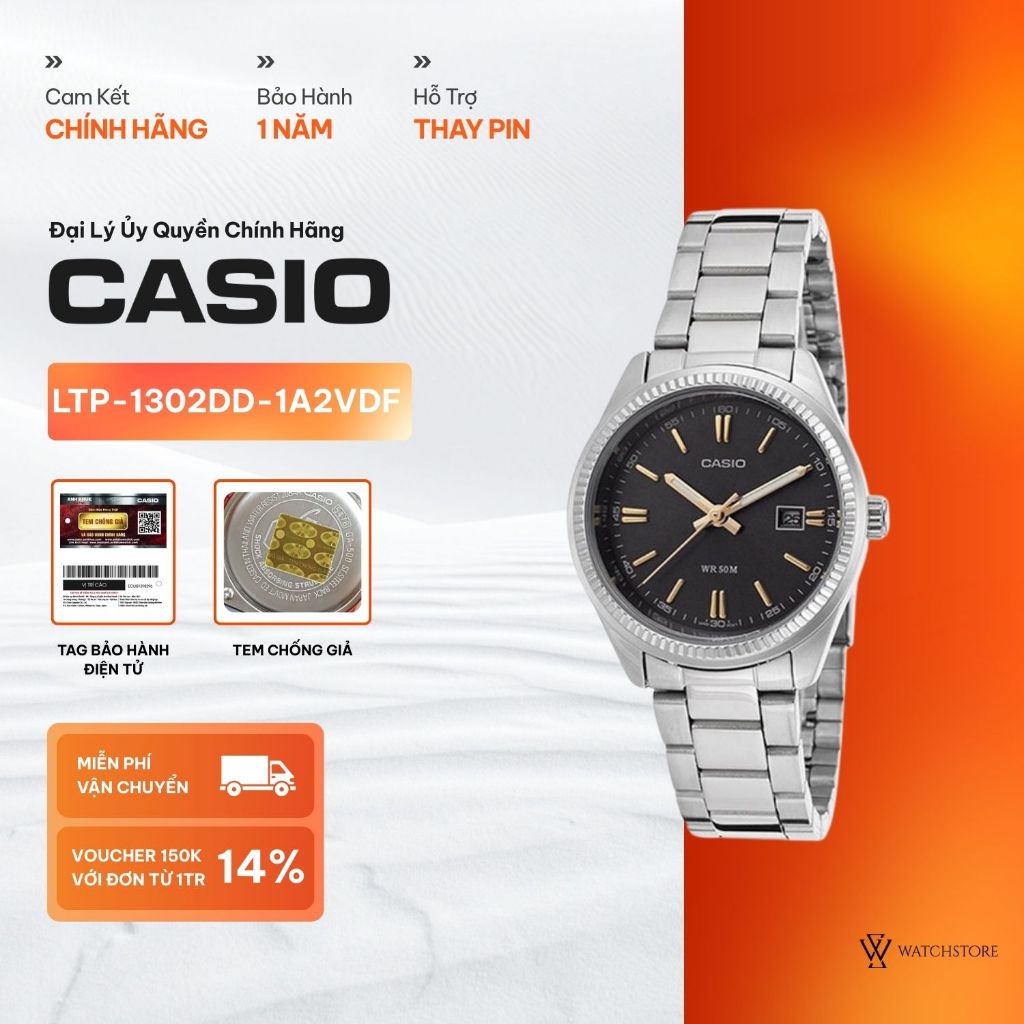 Đồng Hồ Nữ Casio LTP-1302DD-1A2VDF Mặt Kính Khoáng 30.2mm Màu Đen Kim Vàng Kháng Nước Dây Kim Loại C