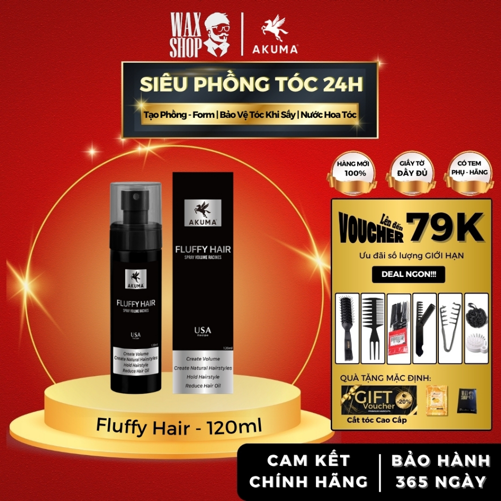 Chai xịt bồng bềnh làm phồng tóc AKUMA Fluffy Hair 120ml chính hãng, hỗ trợ tạo kiểu, giữ nếp tóc