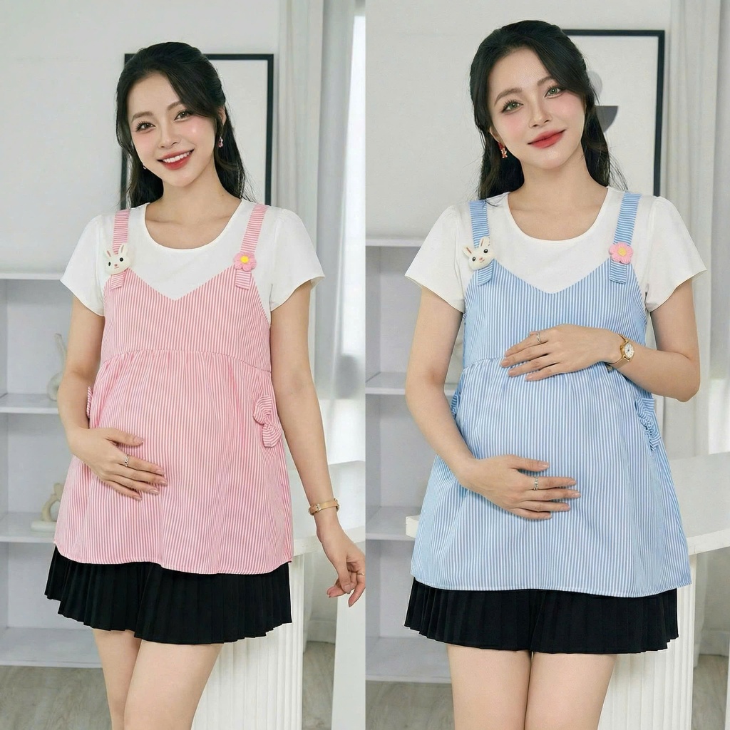 (45-70kg)Áo Bầu Yếm Liền Sọc Kẻ Mềm Mại Dáng Suông Rộng – YUMI STORE