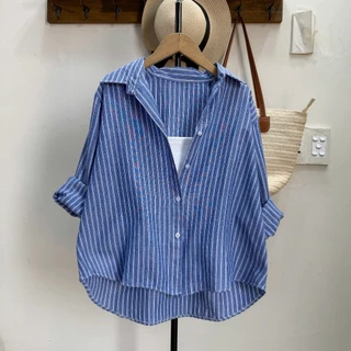 Áo Sơ Mi Bigsize Kẻ Sọc Phom Rộng Basic Dài Tay Thanh Lịch Vạt Bầu Phối Áo Thun Hai Dây Size 50-95kg - (A328+G118)