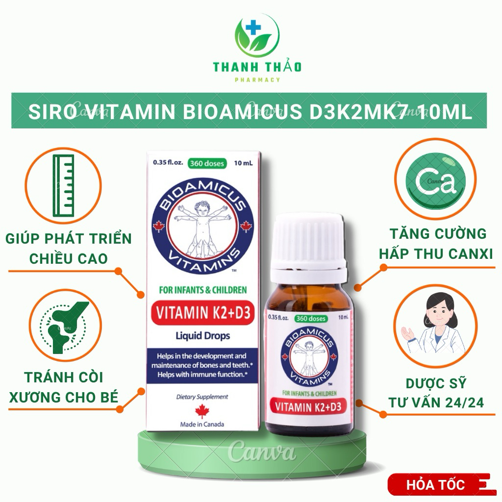 [ Quà tặng ] Bioamicus D3K2 Vitamin d2 + D3 lọ 10ml giúp trẻ hấp thu canxi tối đa lọ 10ml -thanhthao