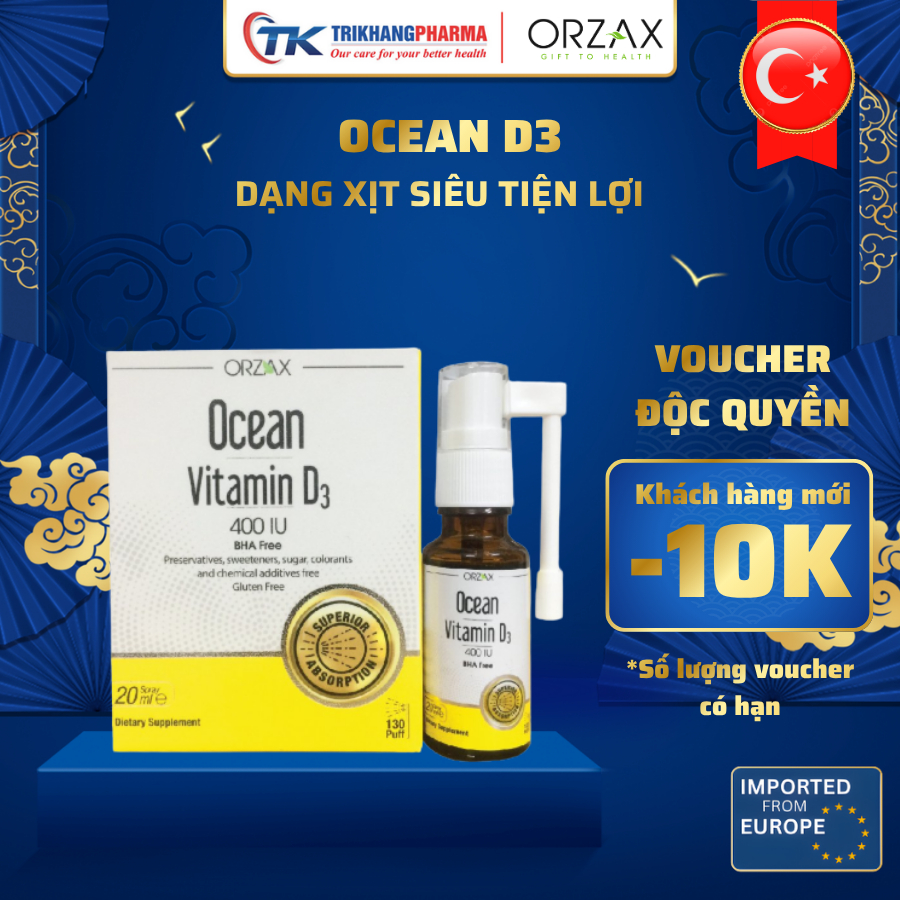Xịt Vitamin D3 Ocean Orzax Lọ 20ml hỗ trợ phát triển chiều cao tăng sức đề kháng cho bé nhập khẩu ch
