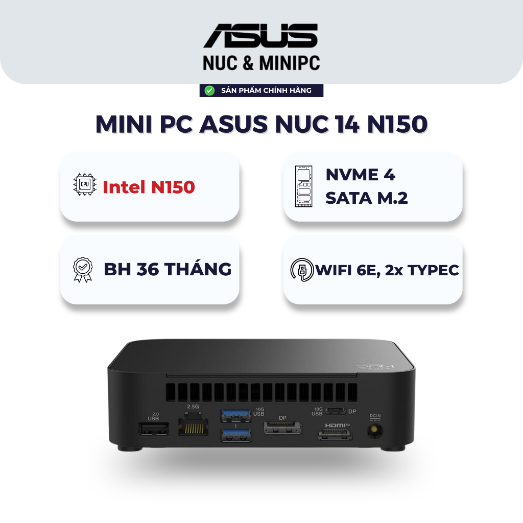 Mini PC ASUS NUC 14 Essential (RNUC14MNK1500000) - Intel N150, DDR5 RAM, SSD NVMe