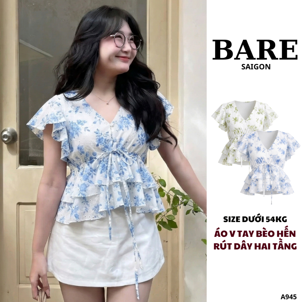 BARE_ Áo Kiểu Hoa Nữ Babydoll Cổ Tim, Áo V Tay Bèo Hến Rút Dây Hai Tầng - Hai Lớp Đi Chơi, Đi Biển_A945 | BigBuy360 - bigbuy360.vn