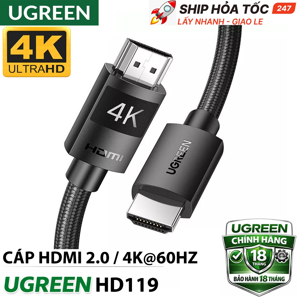 Cáp HDMI 2.0 UGREEN HD119 phẩn giải 4K cho màn hình, Dây HDMI Vỏ Bện Nylon Chắc Chắn