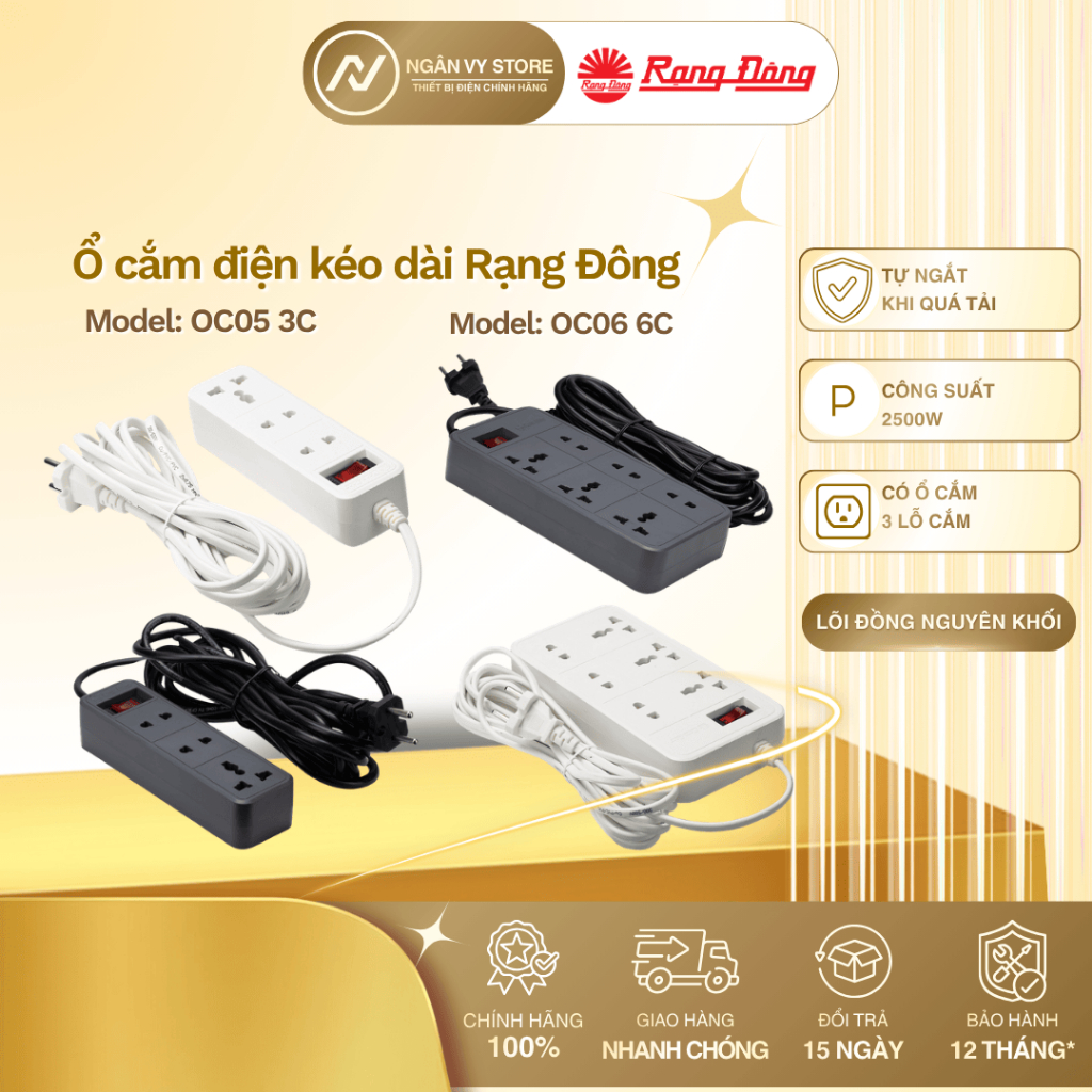 Rạng Đông OC05 3C/2M/10A - Ổ cắm kéo dài với công tắc chính và đèn báo