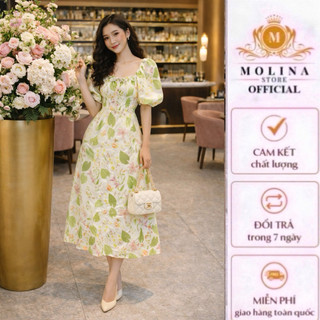 Đầm xòe hoa  cổ vuông có dây rút nơ Thiết Kế Molina Dáng xòe Họa Tiết Hoa Lys Chất voan cao cấp Mềm Mại